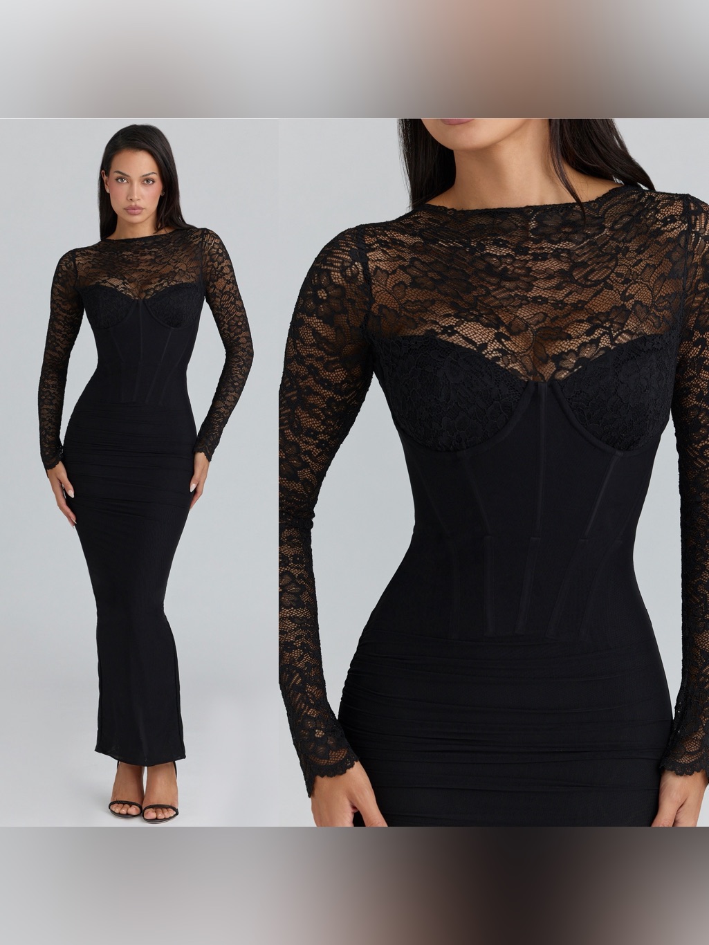 House Of Cb Shiloh Black Lace Long Sleeve Corset Maxi Dress Size M Nwot